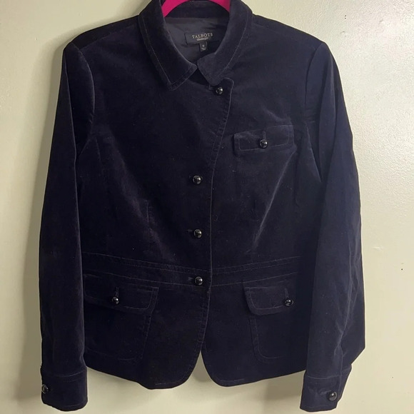 Talbots Velvet Black Ruffle Accent back Long Sleeve bubble buttons Blazer Jacket - Picture 5 of 17